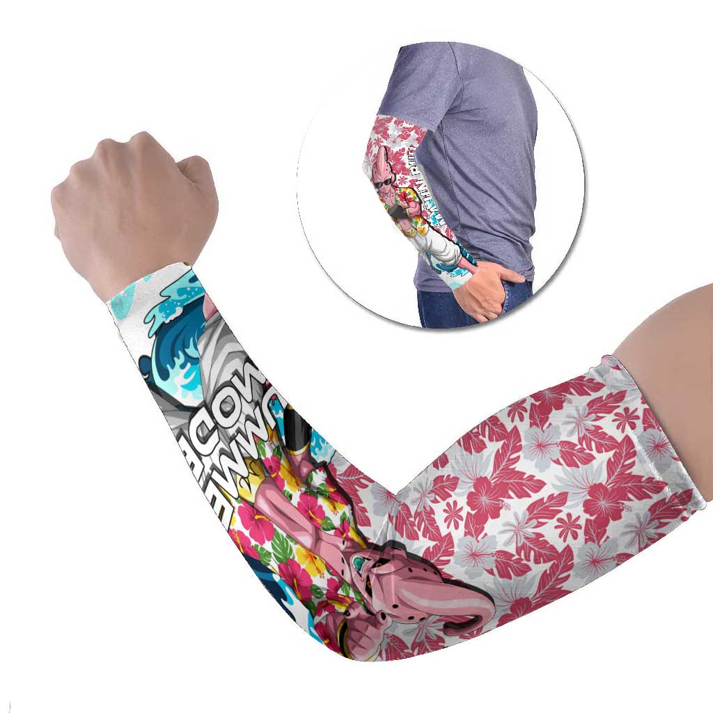 Majin Buu Dragon Ball Summer Theme Arm Sleeves with Floral Shirt Sunglasses Shenron and Ocean Wave Background - The Mazicc