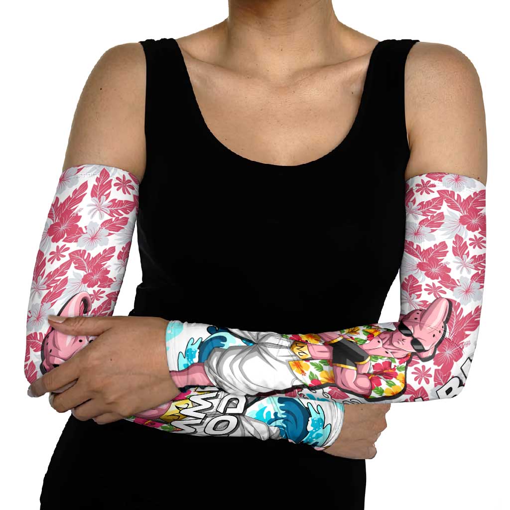 Majin Buu Dragon Ball Summer Theme Arm Sleeves with Floral Shirt Sunglasses Shenron and Ocean Wave Background - The Mazicc