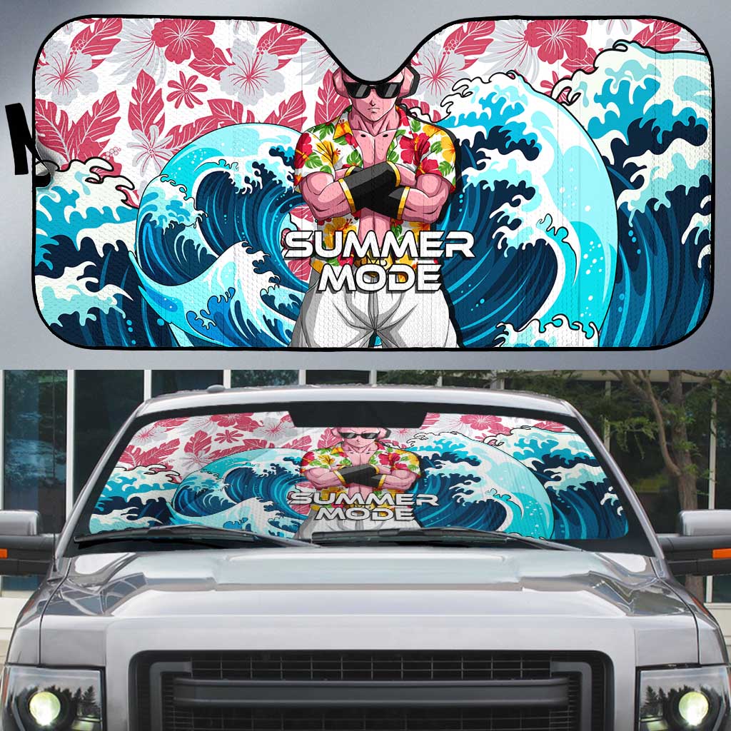 Majin Buu Dragon Ball Summer Theme Auto Sun Shade with Floral Shirt Sunglasses Shenron and Ocean Wave Background - The Mazicc