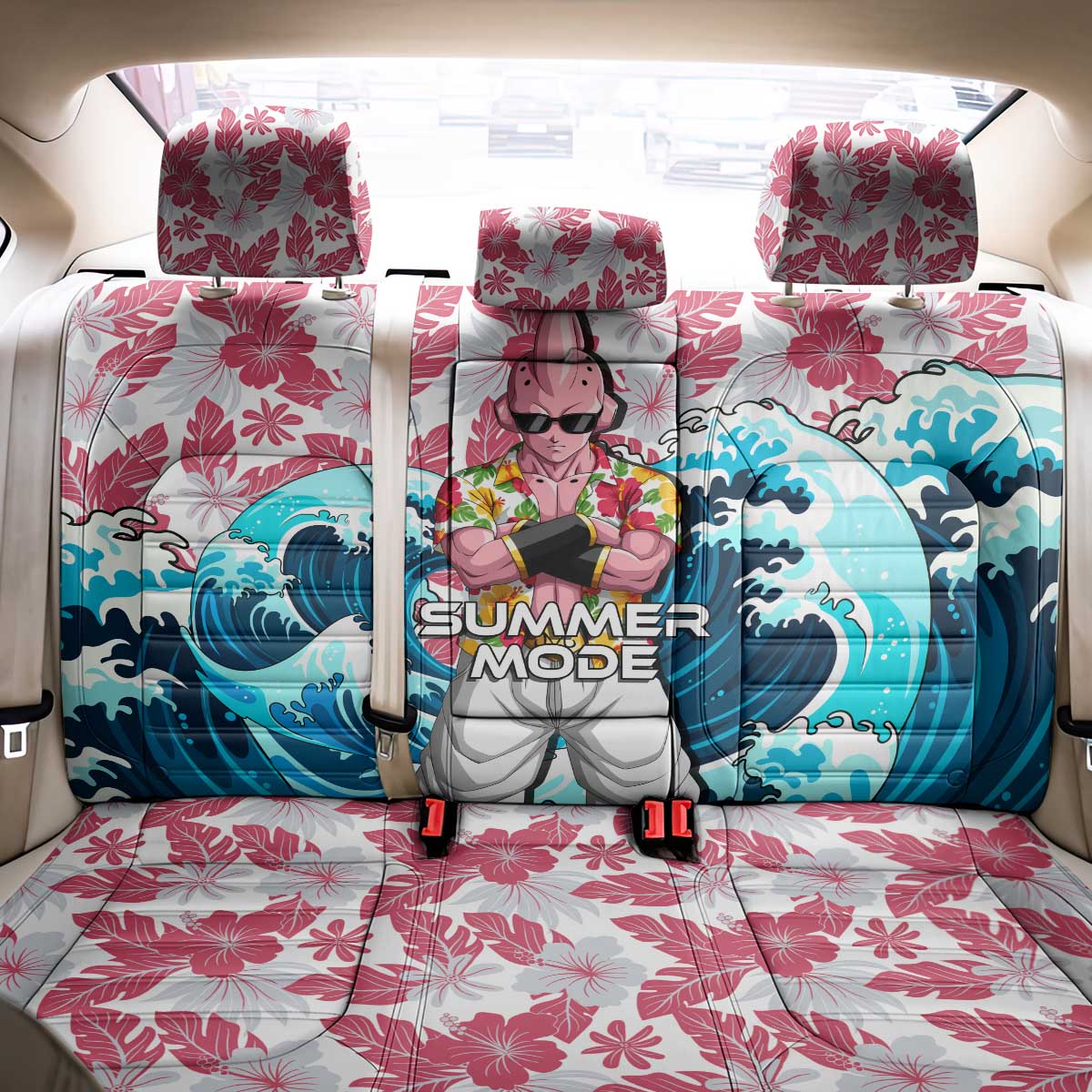 Majin Buu Dragon Ball Summer Theme Back Car Seat Cover with Floral Shirt Sunglasses Shenron and Ocean Wave Background - The Mazicc