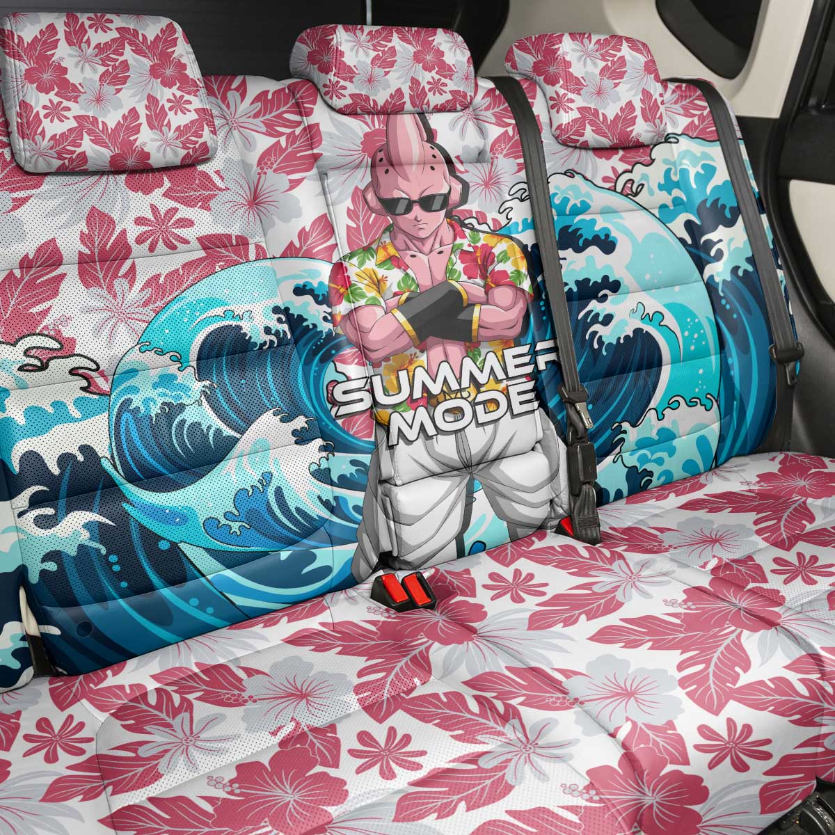 Majin Buu Dragon Ball Summer Theme Back Car Seat Cover with Floral Shirt Sunglasses Shenron and Ocean Wave Background - The Mazicc