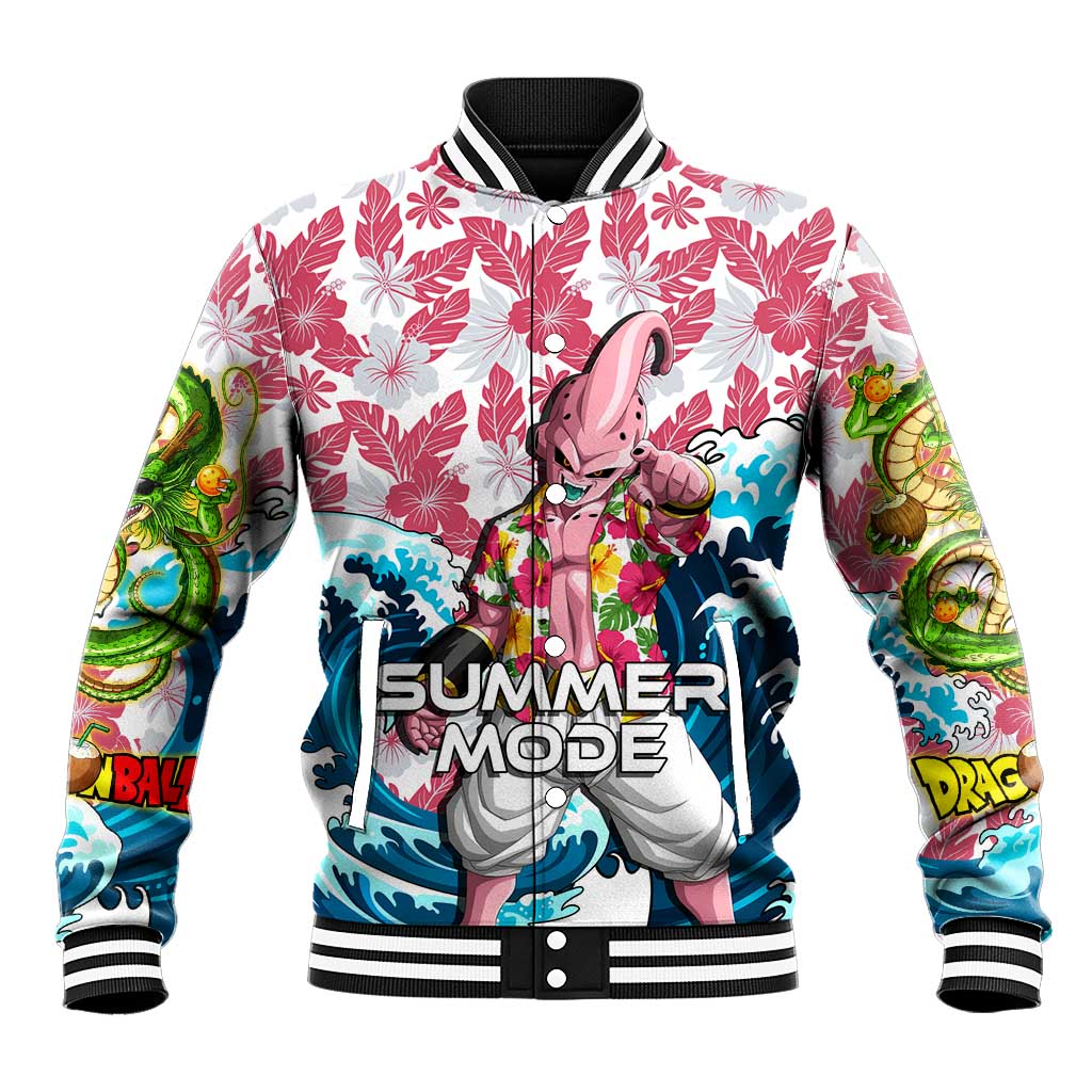 Majin Buu Dragon Ball Summer Theme Baseball Jacket with Floral Shirt Sunglasses Shenron and Ocean Wave Background - The Mazicc