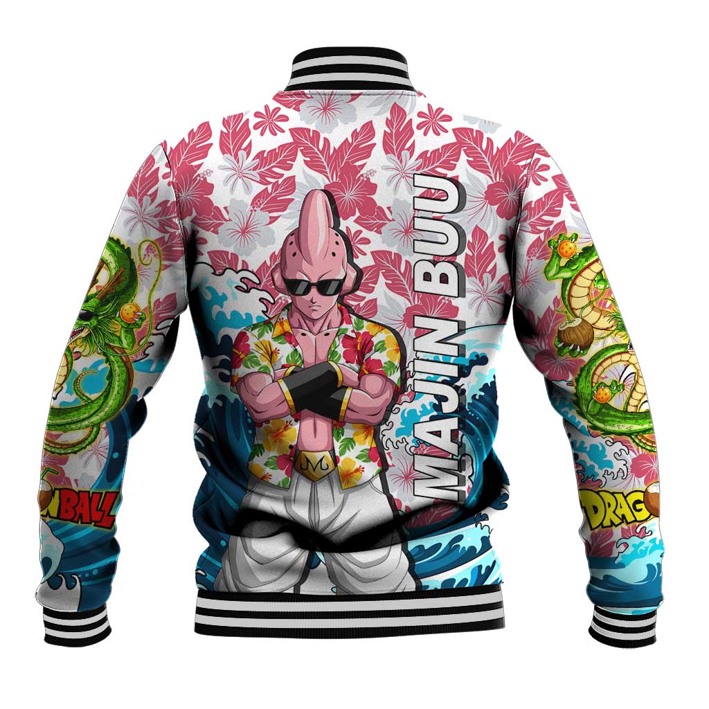 Majin Buu Dragon Ball Summer Theme Baseball Jacket with Floral Shirt Sunglasses Shenron and Ocean Wave Background - The Mazicc