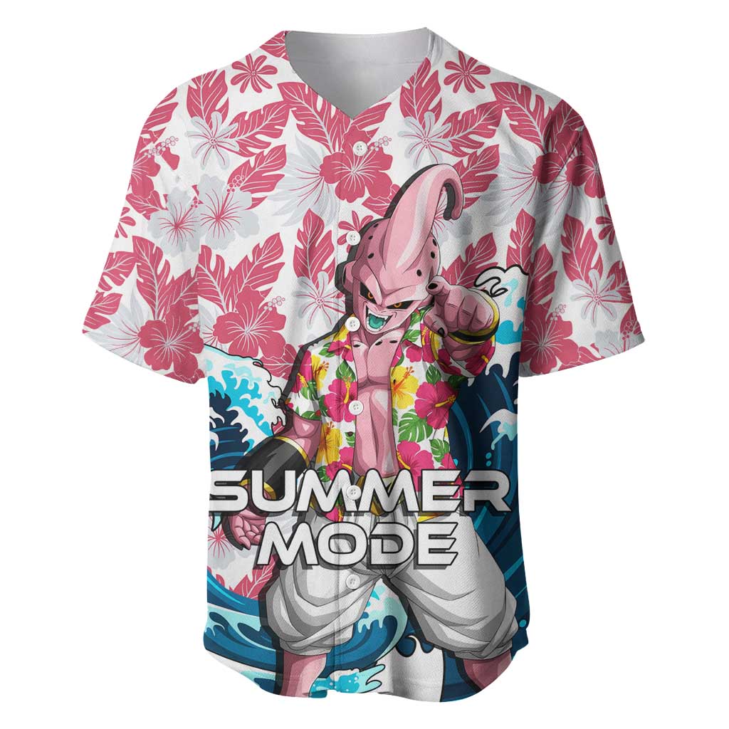 Majin Buu Dragon Ball Summer Theme Baseball Jersey with Floral Shirt Sunglasses Shenron and Ocean Wave Background - The Mazicc