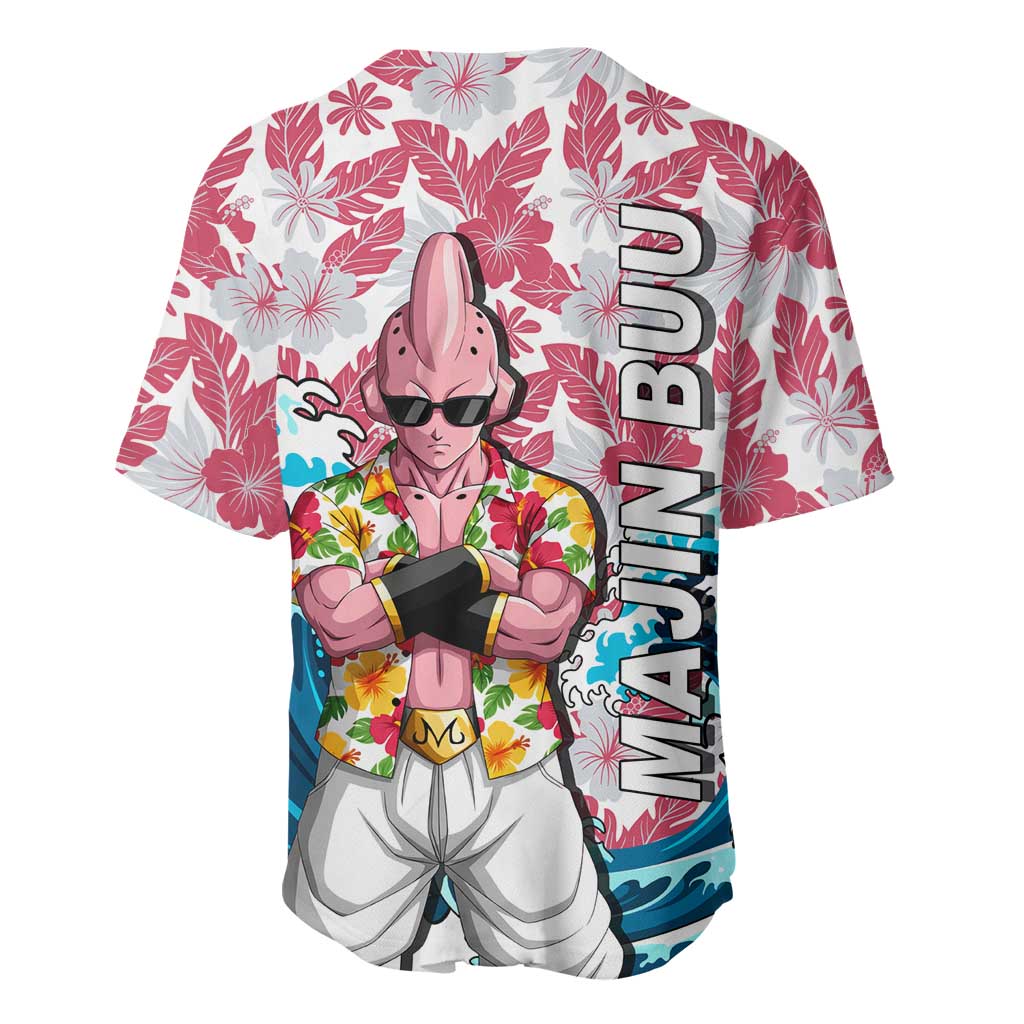 Majin Buu Dragon Ball Summer Theme Baseball Jersey with Floral Shirt Sunglasses Shenron and Ocean Wave Background - The Mazicc