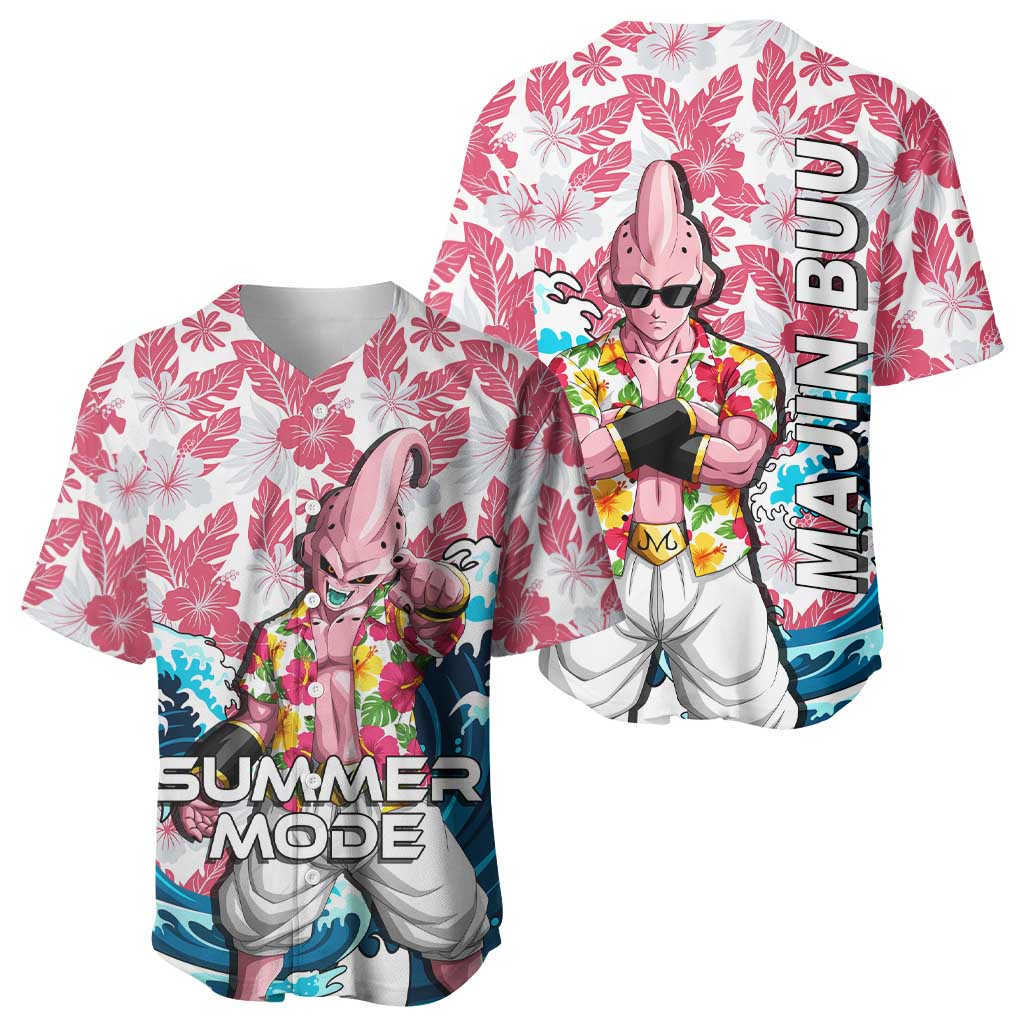 Majin Buu Dragon Ball Summer Theme Baseball Jersey with Floral Shirt Sunglasses Shenron and Ocean Wave Background - The Mazicc