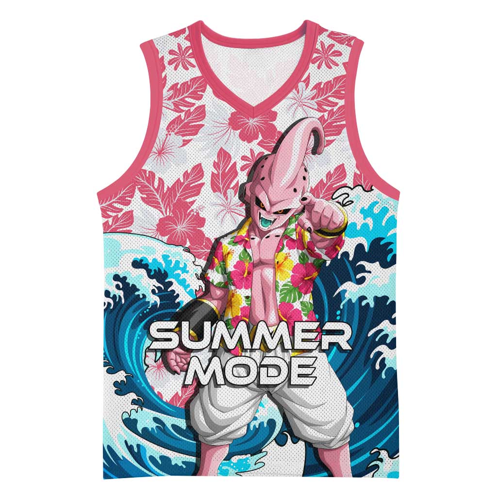 Majin Buu Dragon Ball Summer Theme Basketball Jersey with Floral Shirt Sunglasses Shenron and Ocean Wave Background - The Mazicc