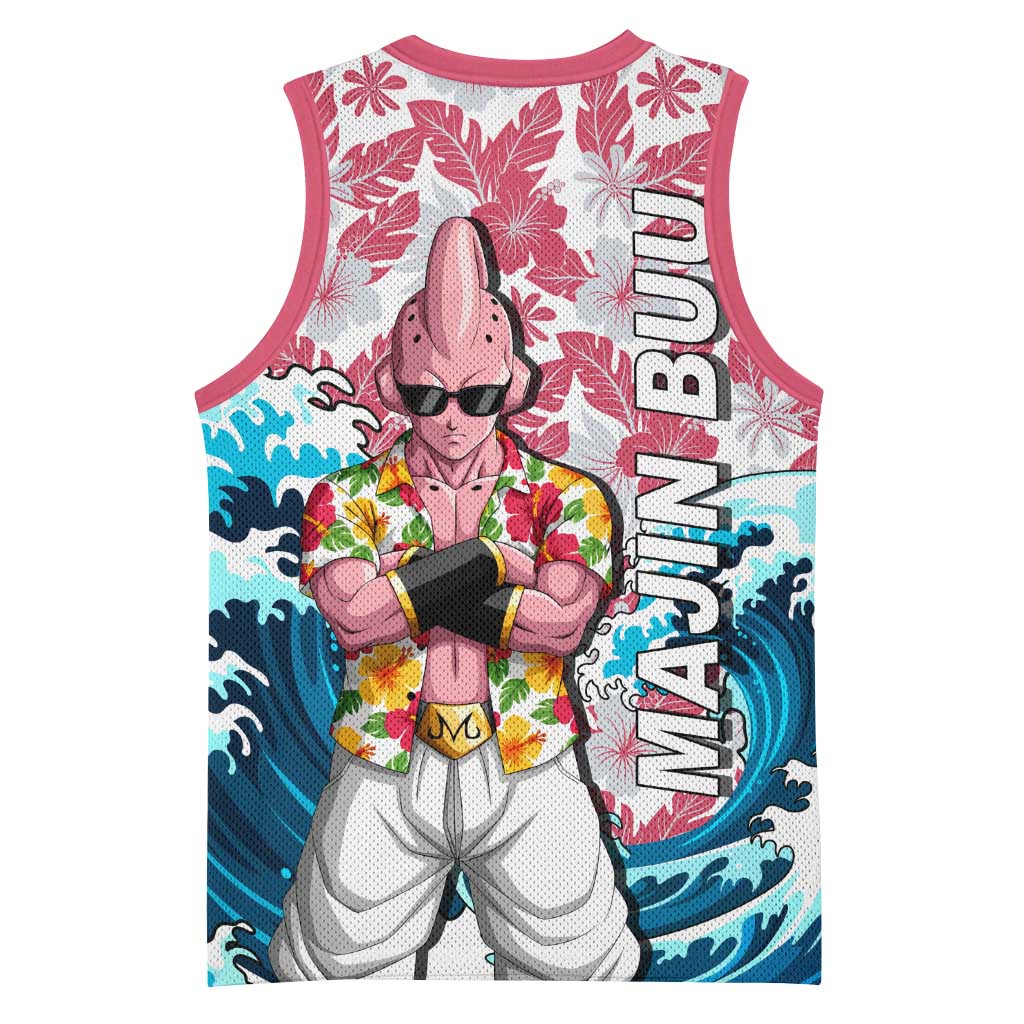 Majin Buu Dragon Ball Summer Theme Basketball Jersey with Floral Shirt Sunglasses Shenron and Ocean Wave Background - The Mazicc