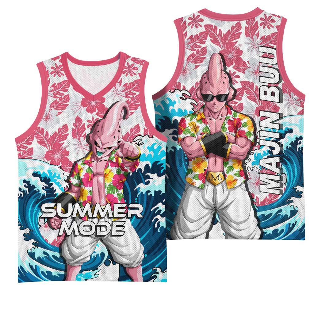 Majin Buu Dragon Ball Summer Theme Basketball Jersey with Floral Shirt Sunglasses Shenron and Ocean Wave Background - The Mazicc