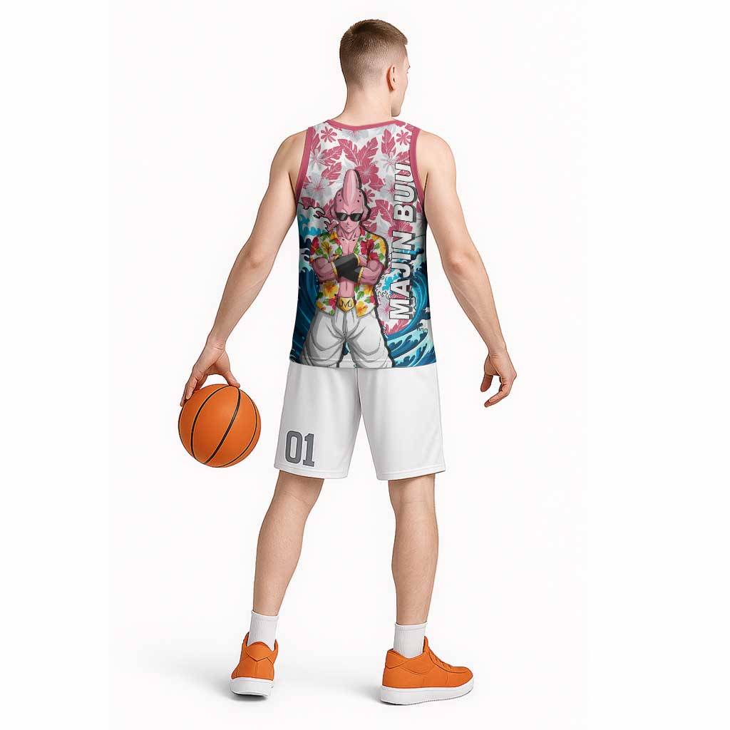 Majin Buu Dragon Ball Summer Theme Basketball Jersey with Floral Shirt Sunglasses Shenron and Ocean Wave Background - The Mazicc