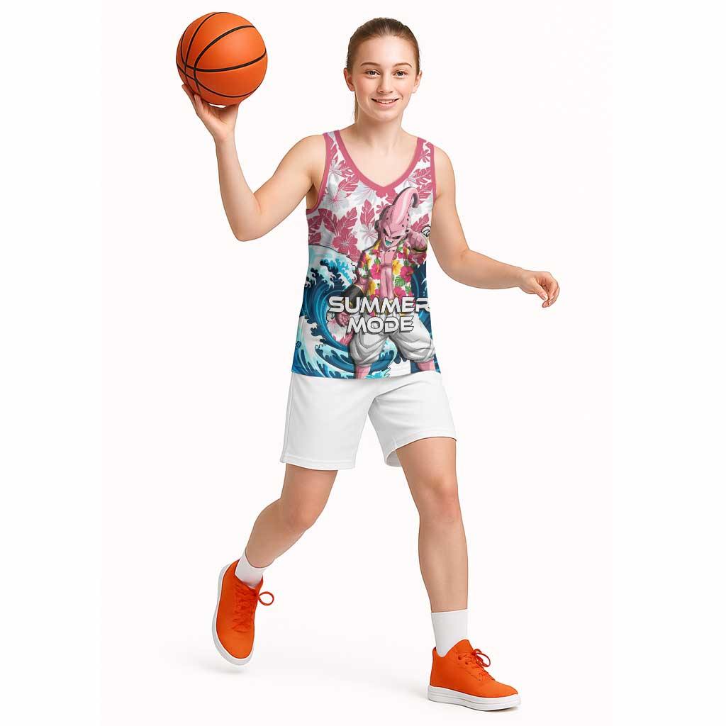 Majin Buu Dragon Ball Summer Theme Basketball Jersey with Floral Shirt Sunglasses Shenron and Ocean Wave Background - The Mazicc