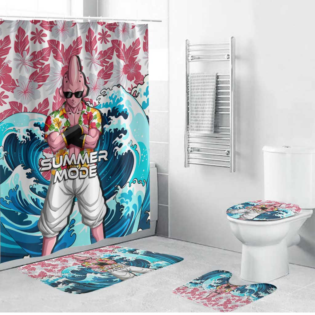 Majin Buu Dragon Ball Summer Theme Bathroom Set with Floral Shirt Sunglasses Shenron and Ocean Wave Background - The Mazicc