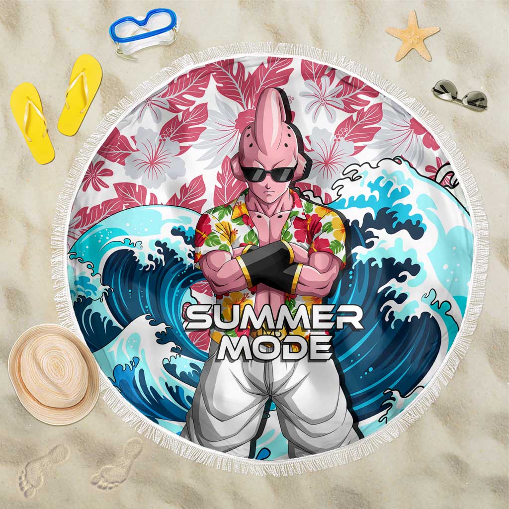Majin Buu Dragon Ball Summer Theme Beach Blanket with Floral Shirt Sunglasses Shenron and Ocean Wave Background - The Mazicc
