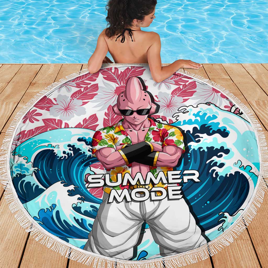Majin Buu Dragon Ball Summer Theme Beach Blanket with Floral Shirt Sunglasses Shenron and Ocean Wave Background - The Mazicc