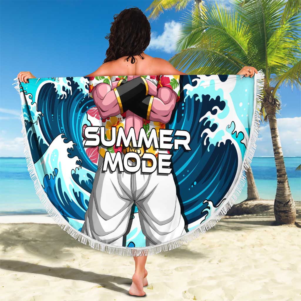 Majin Buu Dragon Ball Summer Theme Beach Blanket with Floral Shirt Sunglasses Shenron and Ocean Wave Background - The Mazicc