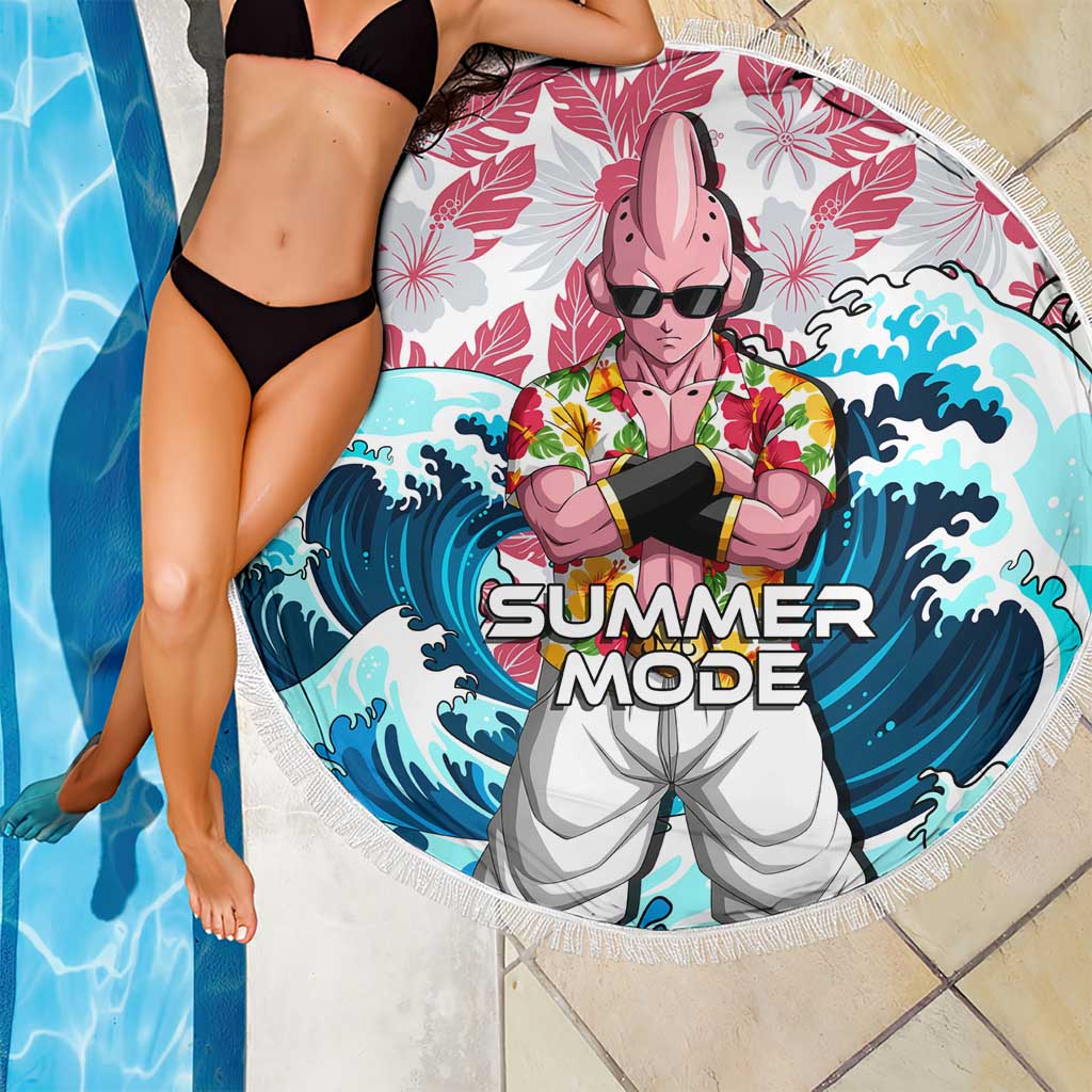 Majin Buu Dragon Ball Summer Theme Beach Blanket with Floral Shirt Sunglasses Shenron and Ocean Wave Background - The Mazicc