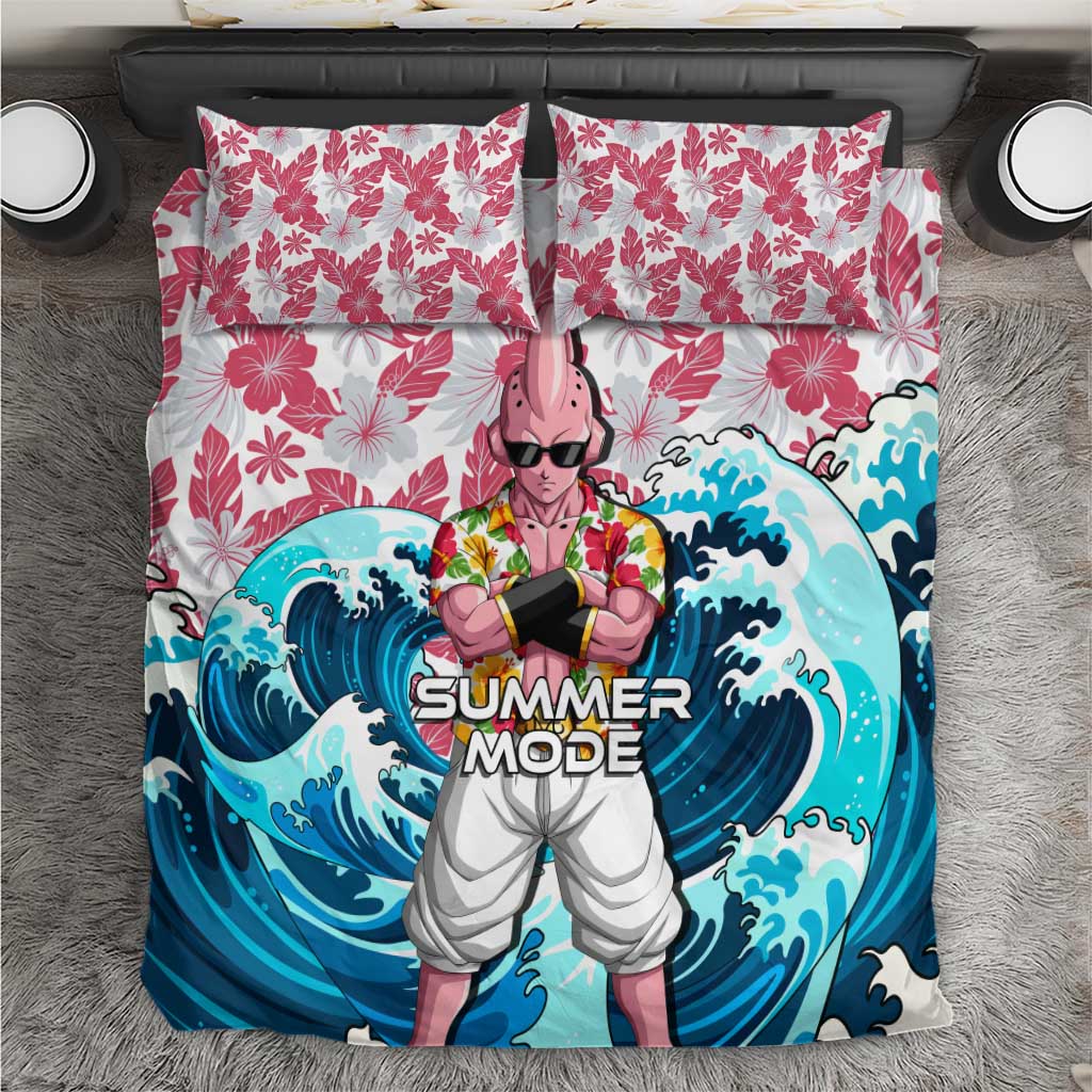 Majin Buu Dragon Ball Summer Theme Bedding Set with Floral Shirt Sunglasses Shenron and Ocean Wave Background - The Mazicc
