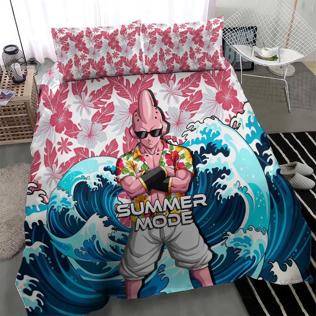 Majin Buu Dragon Ball Summer Theme Bedding Set with Floral Shirt Sunglasses Shenron and Ocean Wave Background - The Mazicc