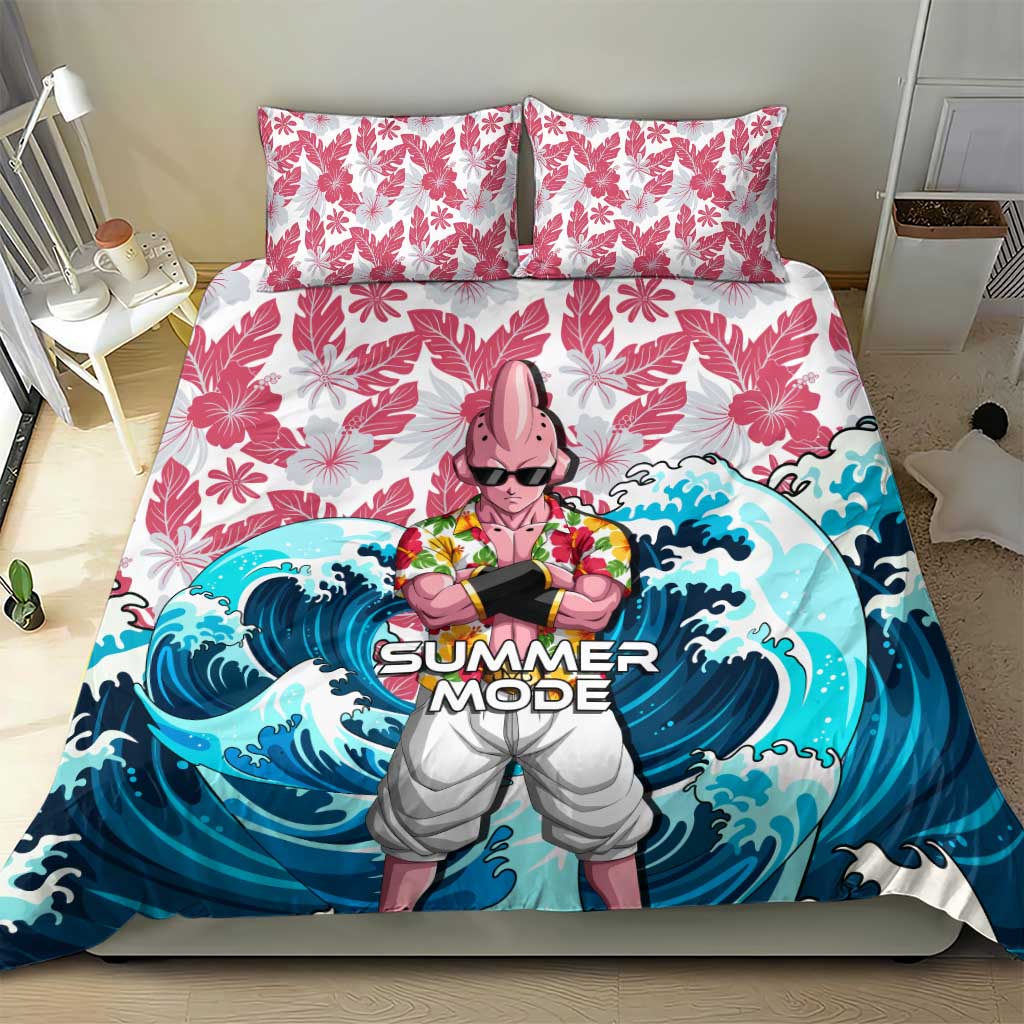 Majin Buu Dragon Ball Summer Theme Bedding Set with Floral Shirt Sunglasses Shenron and Ocean Wave Background - The Mazicc