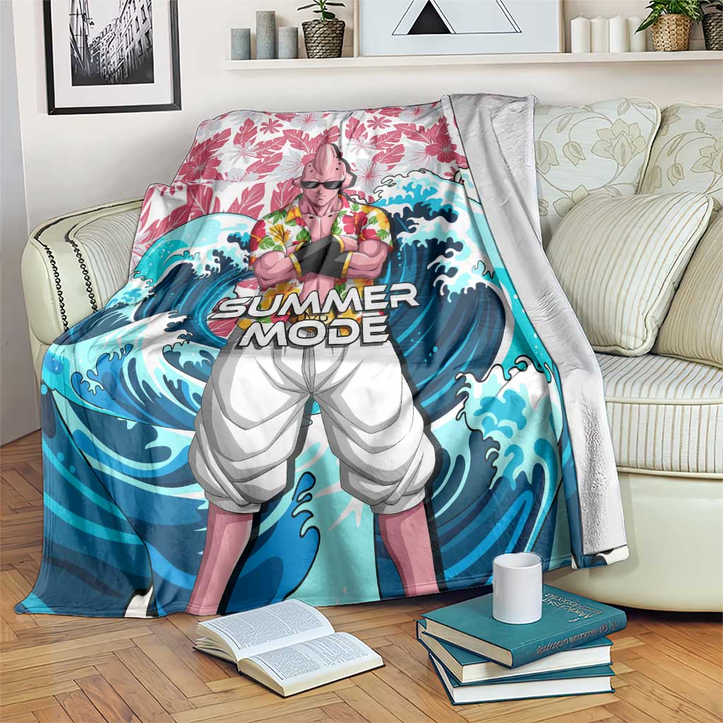 Majin Buu Dragon Ball Summer Theme Blanket with Floral Shirt Sunglasses Shenron and Ocean Wave Background - The Mazicc