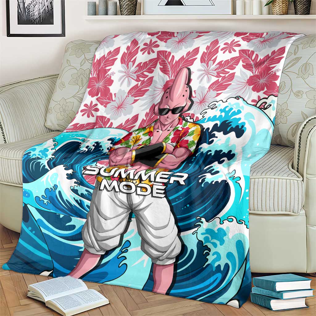 Majin Buu Dragon Ball Summer Theme Blanket with Floral Shirt Sunglasses Shenron and Ocean Wave Background - The Mazicc