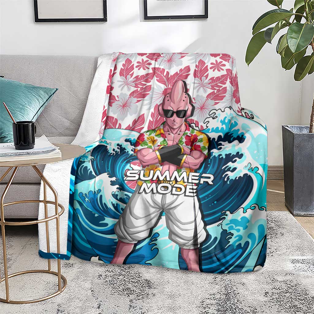 Majin Buu Dragon Ball Summer Theme Blanket with Floral Shirt Sunglasses Shenron and Ocean Wave Background - The Mazicc