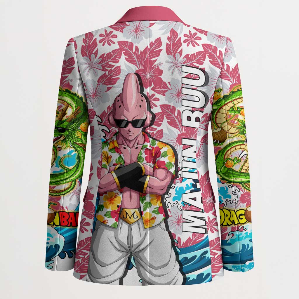 Majin Buu Dragon Ball Summer Theme Blazer with Floral Shirt Sunglasses Shenron and Ocean Wave Background - The Mazicc
