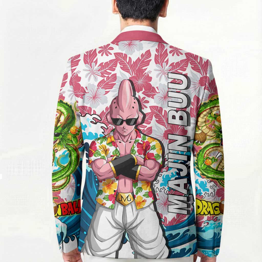 Majin Buu Dragon Ball Summer Theme Blazer with Floral Shirt Sunglasses Shenron and Ocean Wave Background - The Mazicc