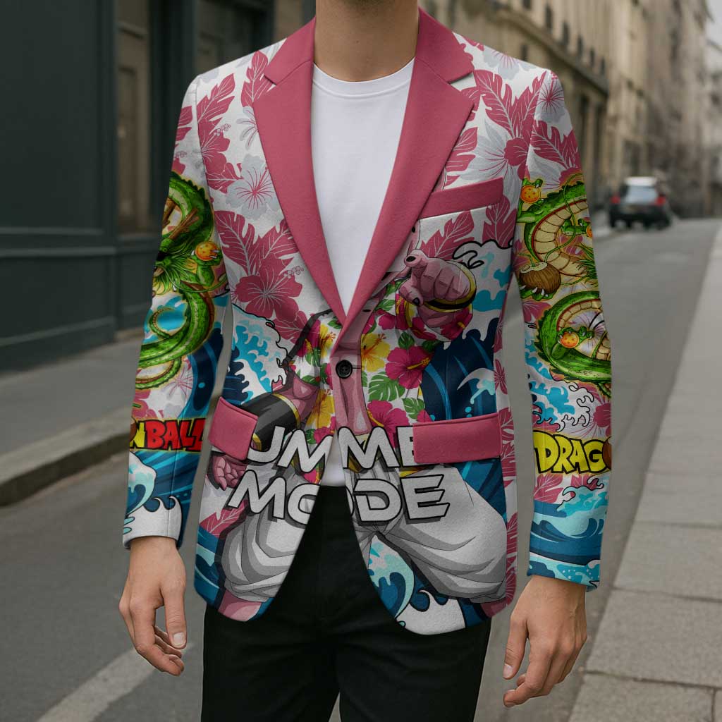 Majin Buu Dragon Ball Summer Theme Blazer with Floral Shirt Sunglasses Shenron and Ocean Wave Background - The Mazicc
