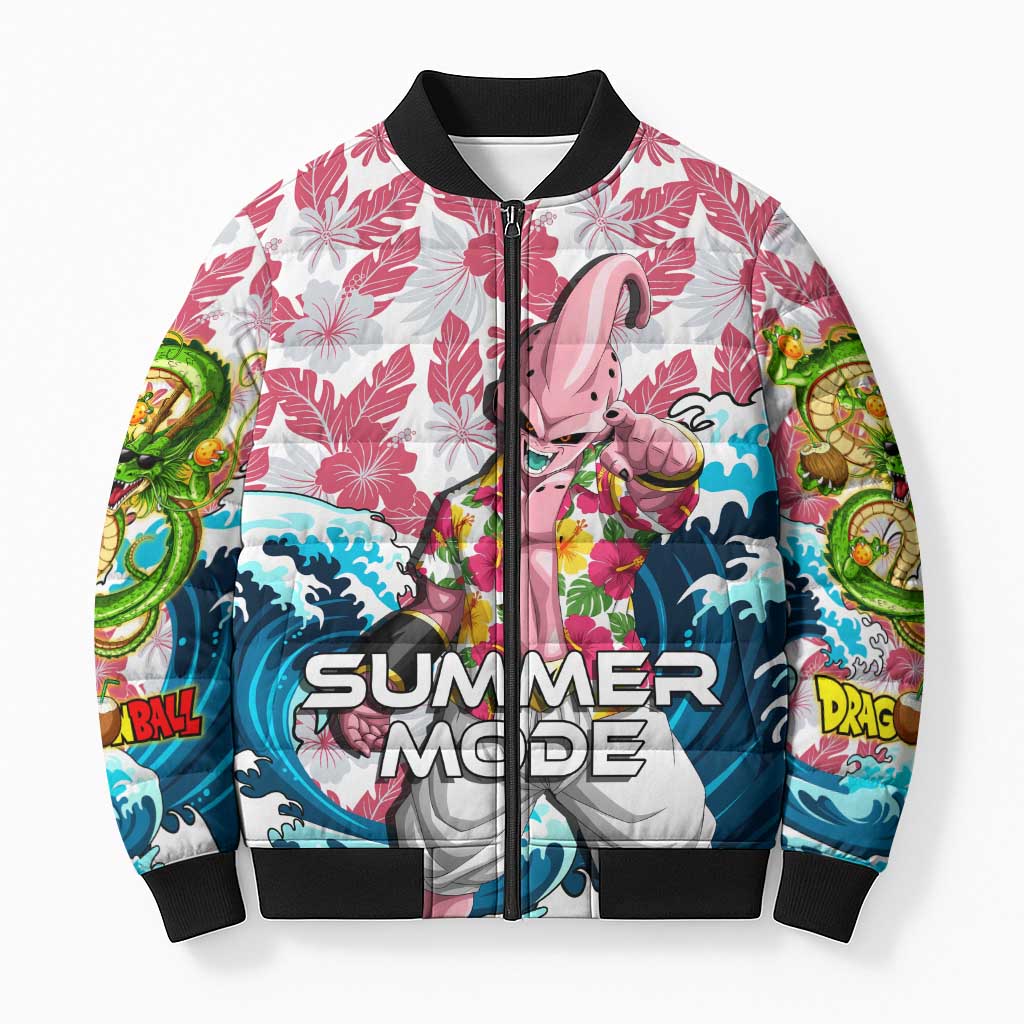 Majin Buu Dragon Ball Summer Theme Bomber Puffer Jacket with Floral Shirt Sunglasses Shenron and Ocean Wave Background - The Mazicc
