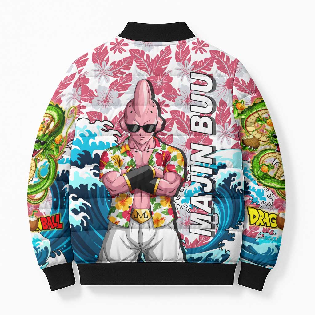 Majin Buu Dragon Ball Summer Theme Bomber Puffer Jacket with Floral Shirt Sunglasses Shenron and Ocean Wave Background - The Mazicc