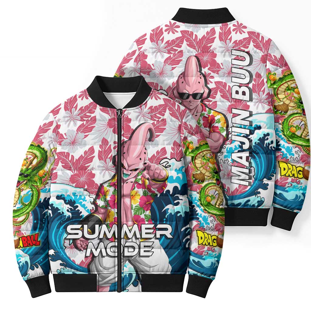 Majin Buu Dragon Ball Summer Theme Bomber Puffer Jacket with Floral Shirt Sunglasses Shenron and Ocean Wave Background - The Mazicc