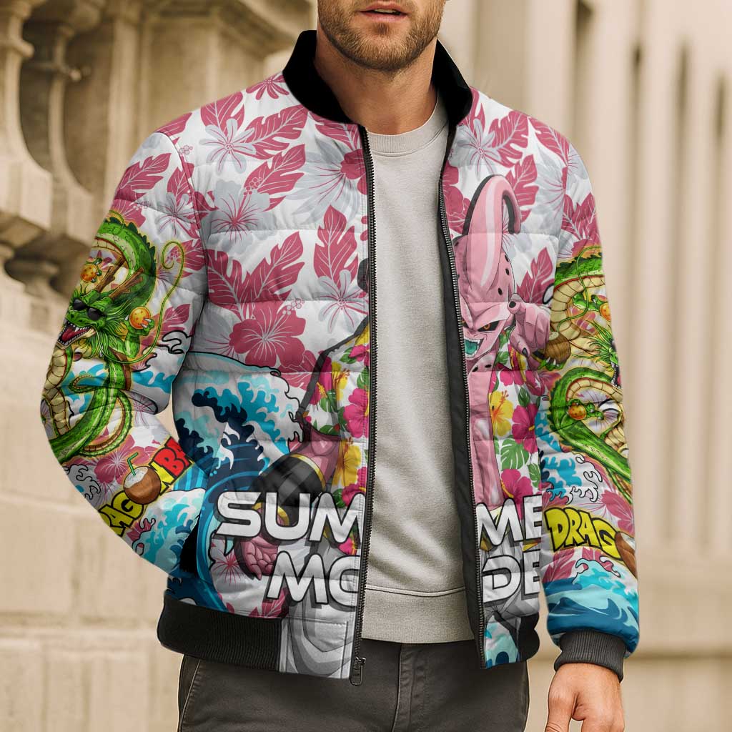 Majin Buu Dragon Ball Summer Theme Bomber Puffer Jacket with Floral Shirt Sunglasses Shenron and Ocean Wave Background - The Mazicc