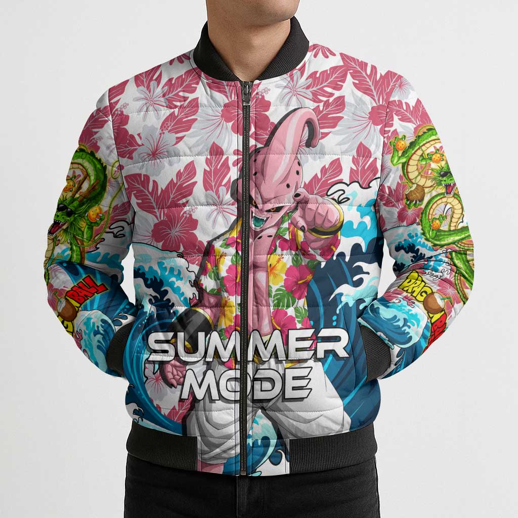 Majin Buu Dragon Ball Summer Theme Bomber Puffer Jacket with Floral Shirt Sunglasses Shenron and Ocean Wave Background - The Mazicc