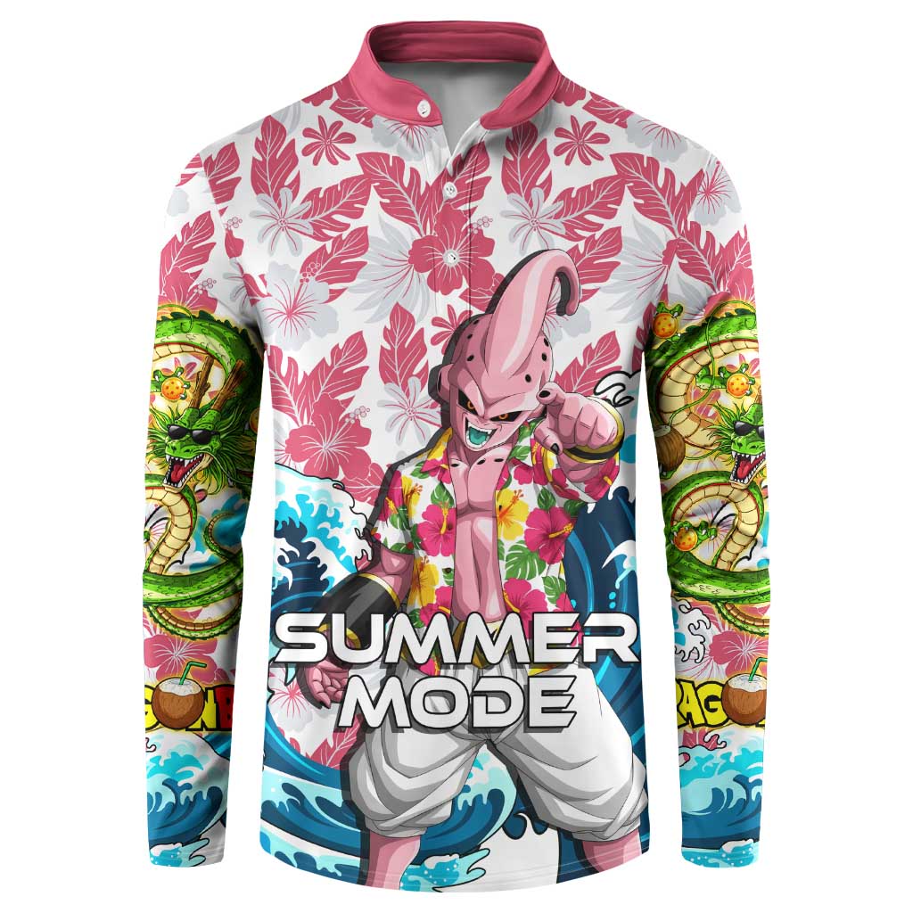Majin Buu Dragon Ball Summer Theme Button Sweatshirt with Floral Shirt Sunglasses Shenron and Ocean Wave Background - The Mazicc