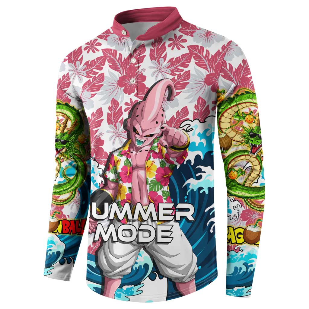 Majin Buu Dragon Ball Summer Theme Button Sweatshirt with Floral Shirt Sunglasses Shenron and Ocean Wave Background - The Mazicc