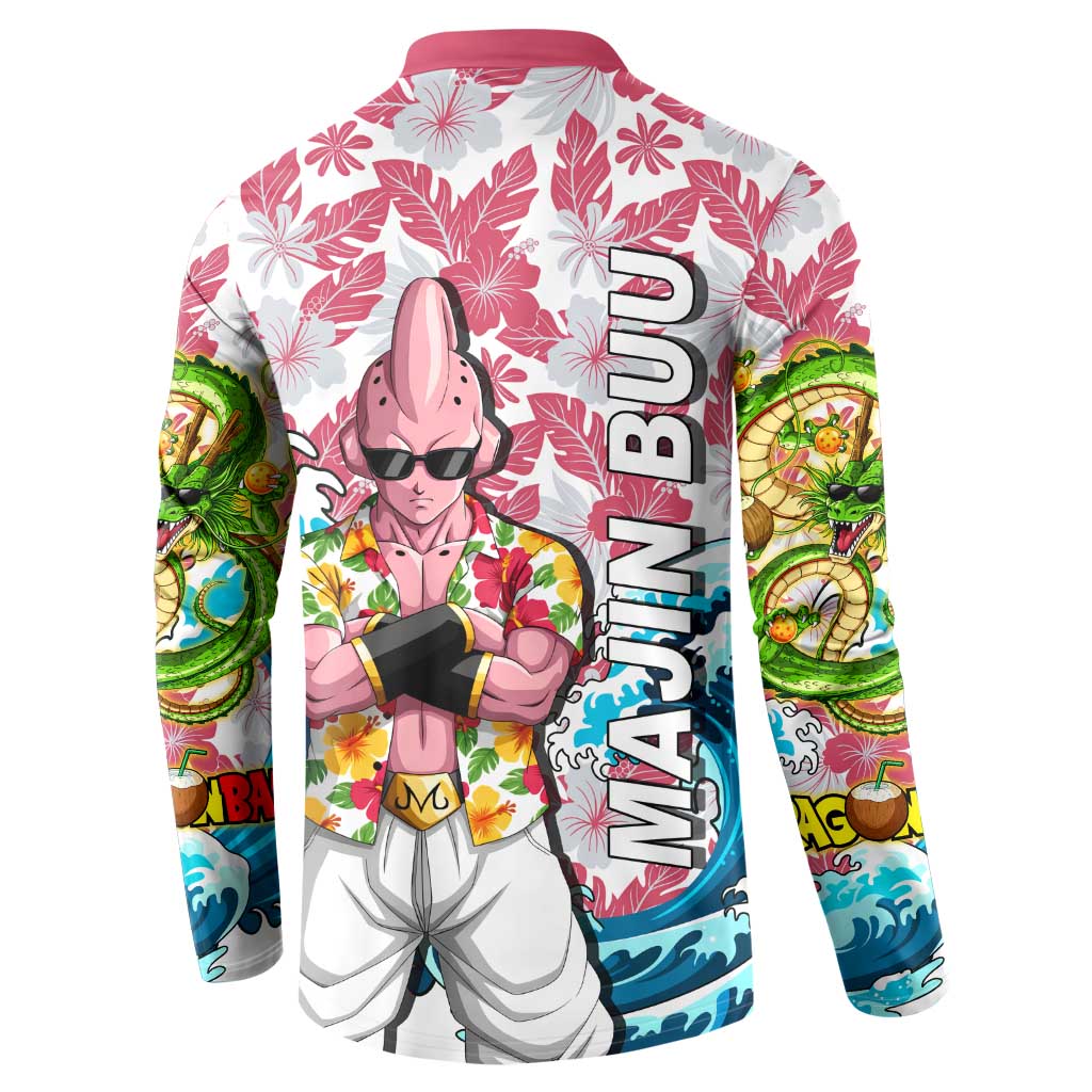 Majin Buu Dragon Ball Summer Theme Button Sweatshirt with Floral Shirt Sunglasses Shenron and Ocean Wave Background - The Mazicc