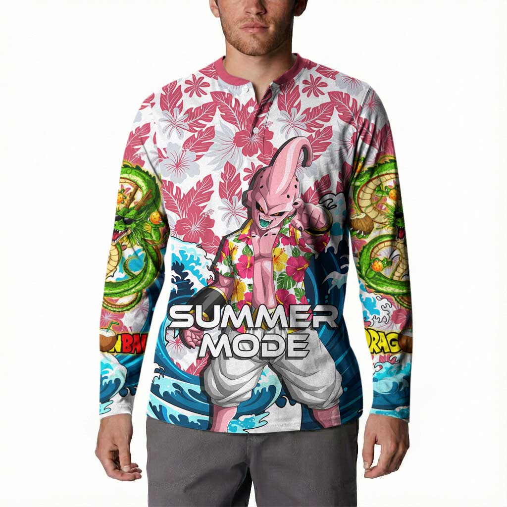 Majin Buu Dragon Ball Summer Theme Button Sweatshirt with Floral Shirt Sunglasses Shenron and Ocean Wave Background - The Mazicc