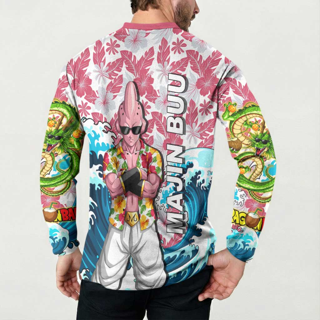 Majin Buu Dragon Ball Summer Theme Button Sweatshirt with Floral Shirt Sunglasses Shenron and Ocean Wave Background - The Mazicc