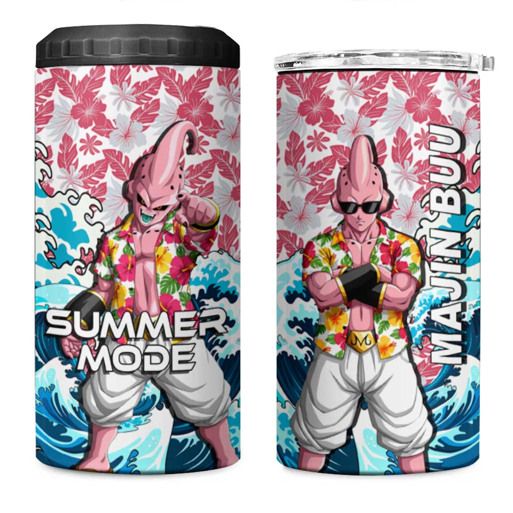 Majin Buu Dragon Ball Summer Theme 4 in 1 Can Cooler Tumbler with Floral Shirt Sunglasses Shenron and Ocean Wave Background - The Mazicc