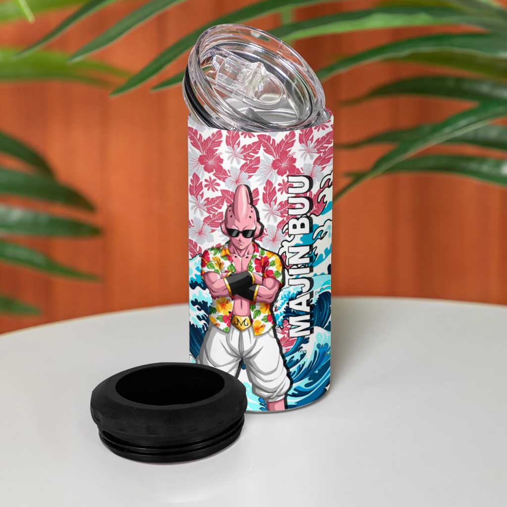 Majin Buu Dragon Ball Summer Theme 4 in 1 Can Cooler Tumbler with Floral Shirt Sunglasses Shenron and Ocean Wave Background - The Mazicc