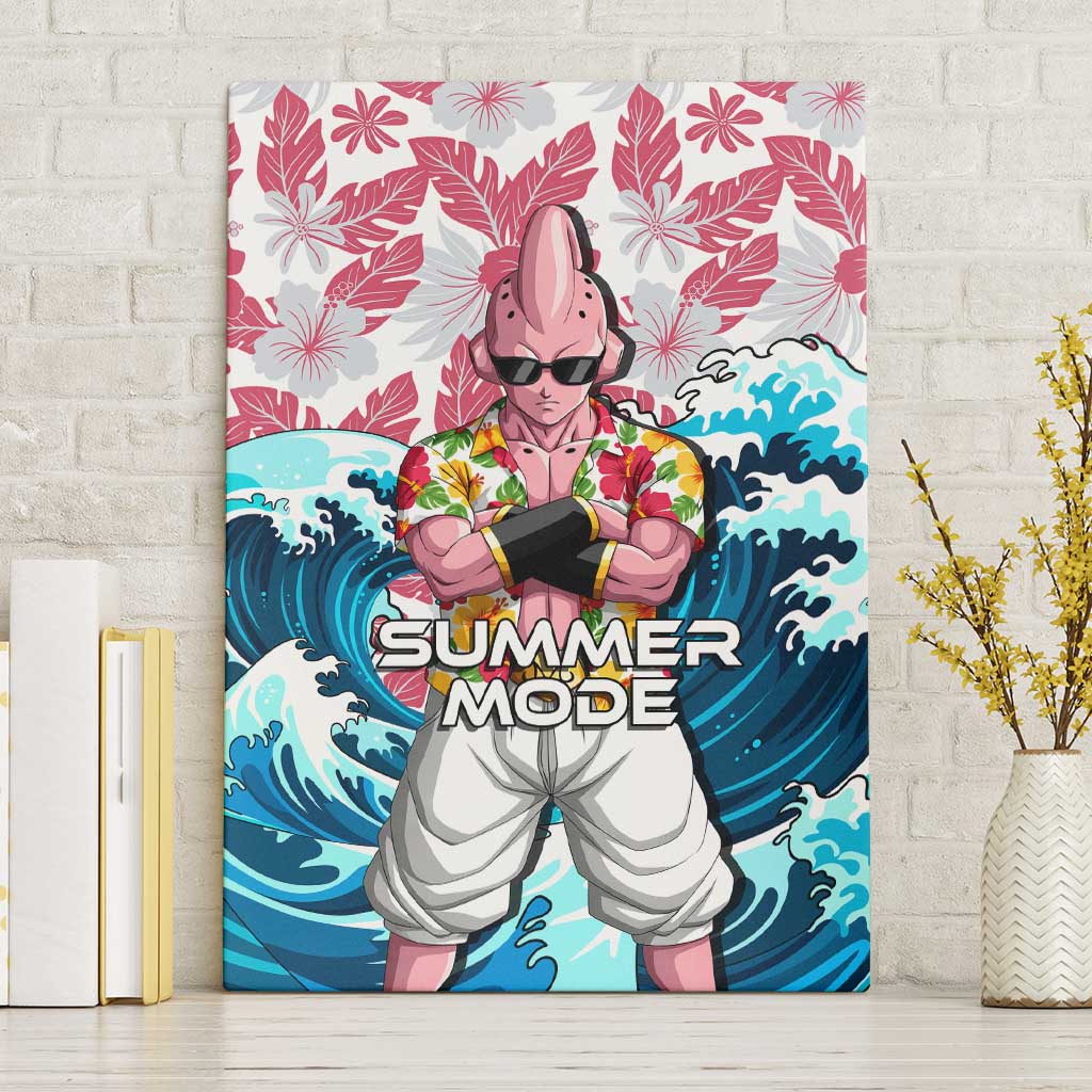 Majin Buu Dragon Ball Summer Theme Canvas Wall Art with Floral Shirt Sunglasses Shenron and Ocean Wave Background - The Mazicc