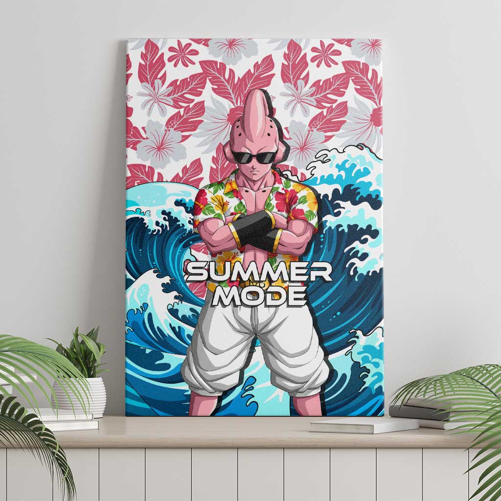 Majin Buu Dragon Ball Summer Theme Canvas Wall Art with Floral Shirt Sunglasses Shenron and Ocean Wave Background - The Mazicc