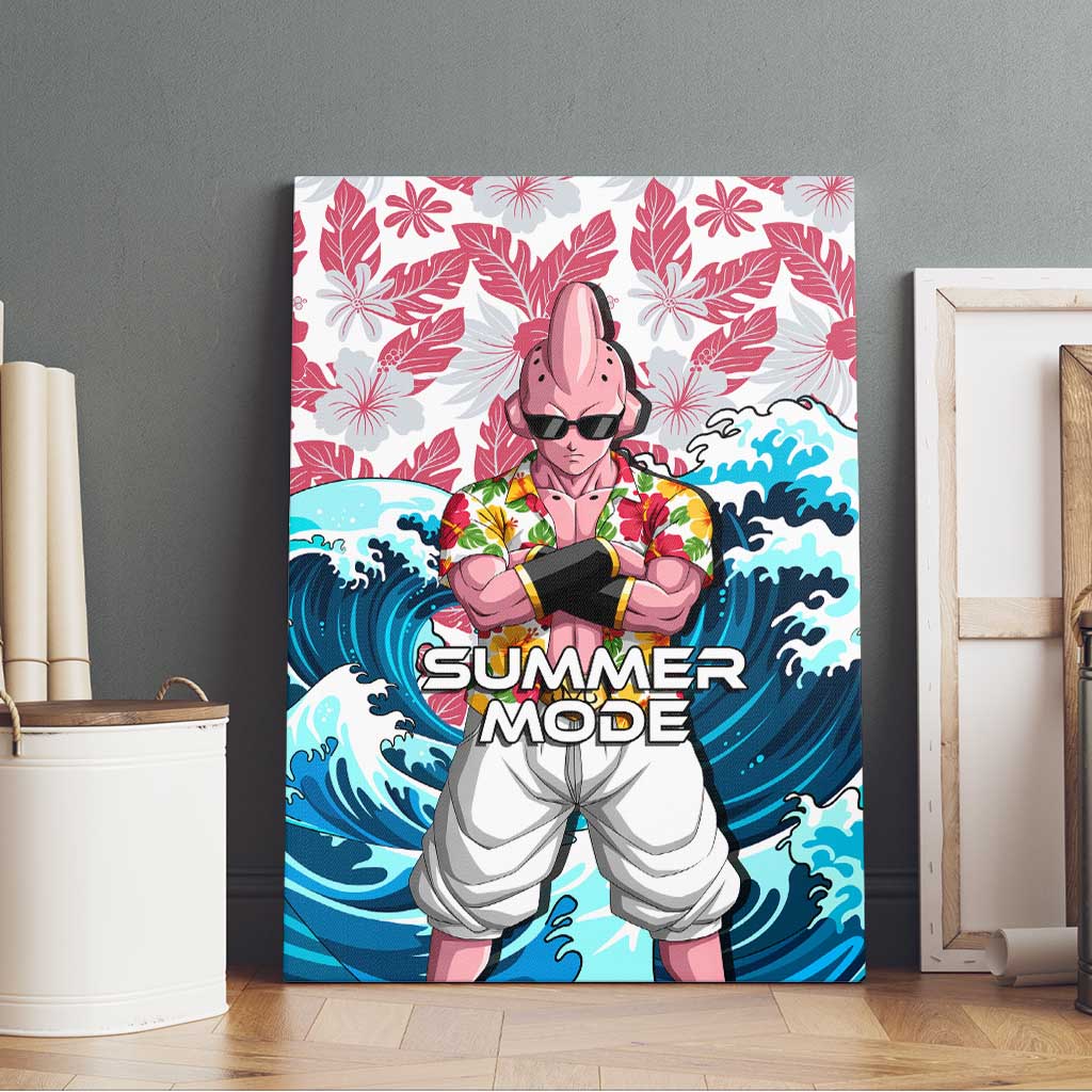Majin Buu Dragon Ball Summer Theme Canvas Wall Art with Floral Shirt Sunglasses Shenron and Ocean Wave Background - The Mazicc