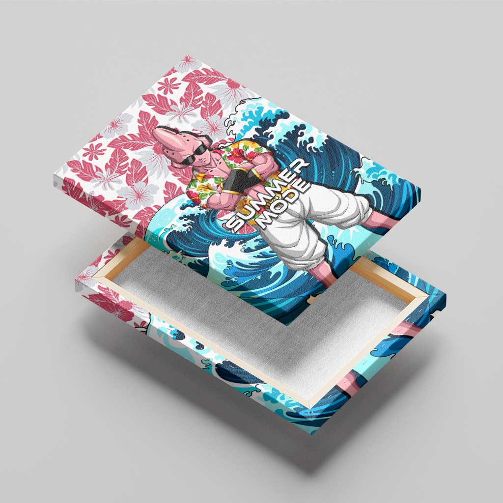 Majin Buu Dragon Ball Summer Theme Canvas Wall Art with Floral Shirt Sunglasses Shenron and Ocean Wave Background - The Mazicc
