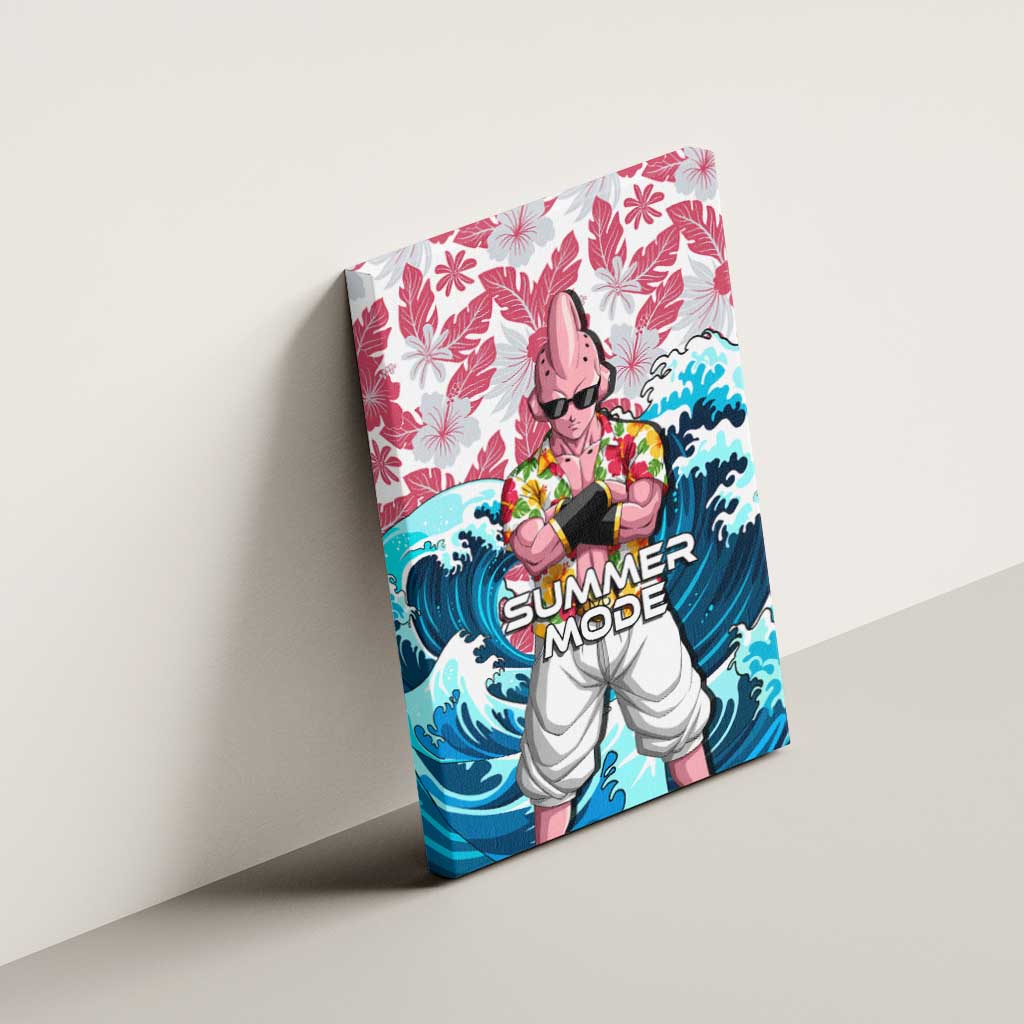 Majin Buu Dragon Ball Summer Theme Canvas Wall Art with Floral Shirt Sunglasses Shenron and Ocean Wave Background - The Mazicc