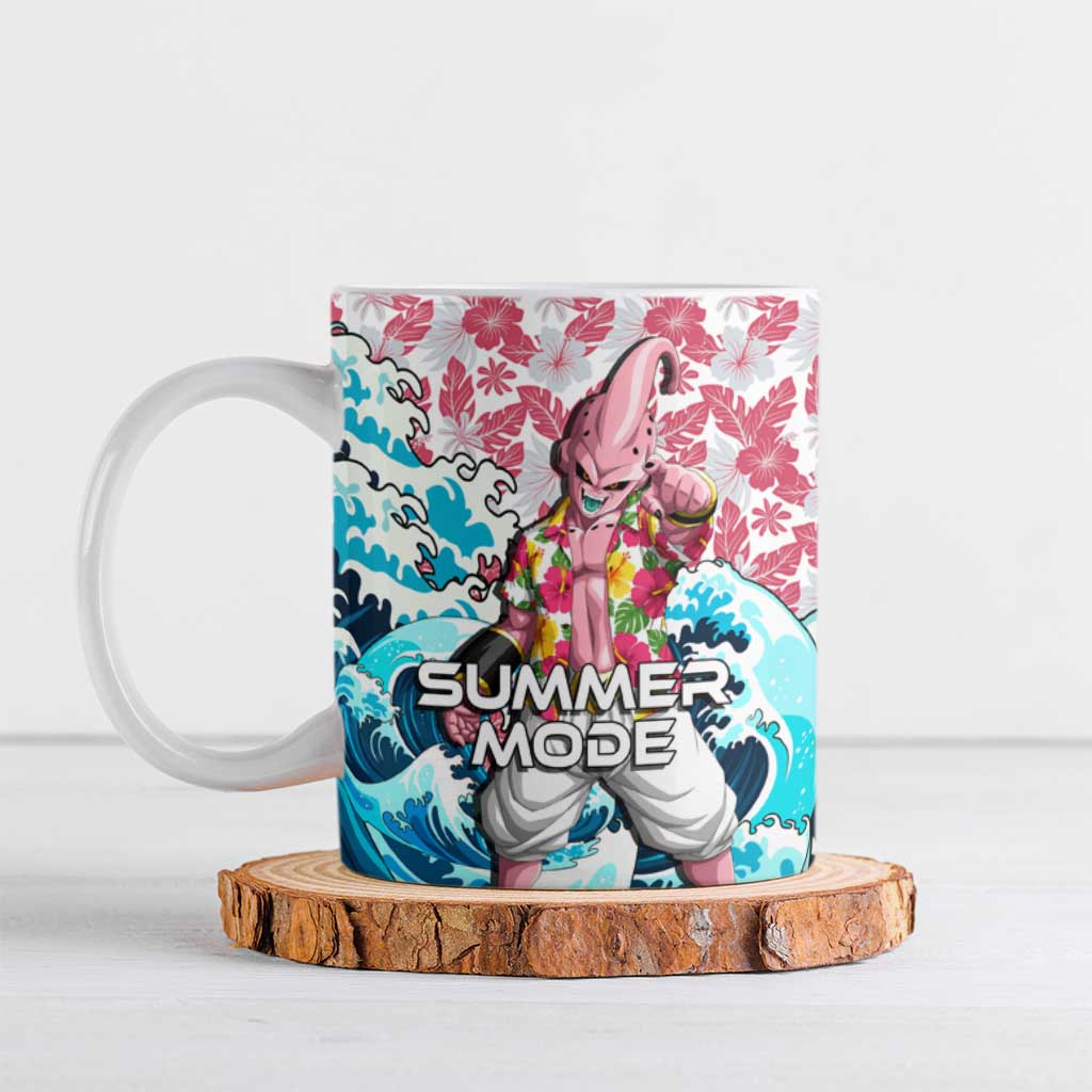 Majin Buu Dragon Ball Summer Theme Ceramic Mug with Floral Shirt Sunglasses Shenron and Ocean Wave Background - The Mazicc