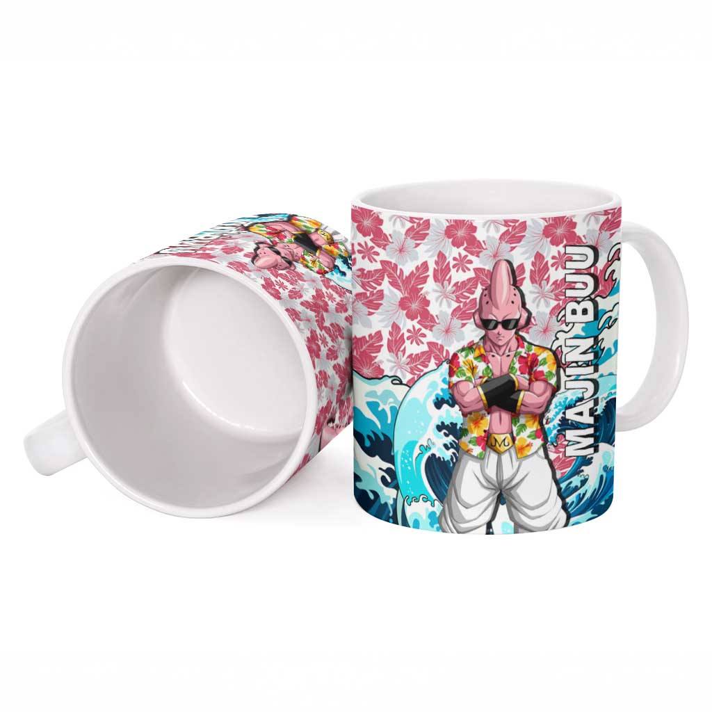 Majin Buu Dragon Ball Summer Theme Ceramic Mug with Floral Shirt Sunglasses Shenron and Ocean Wave Background - The Mazicc