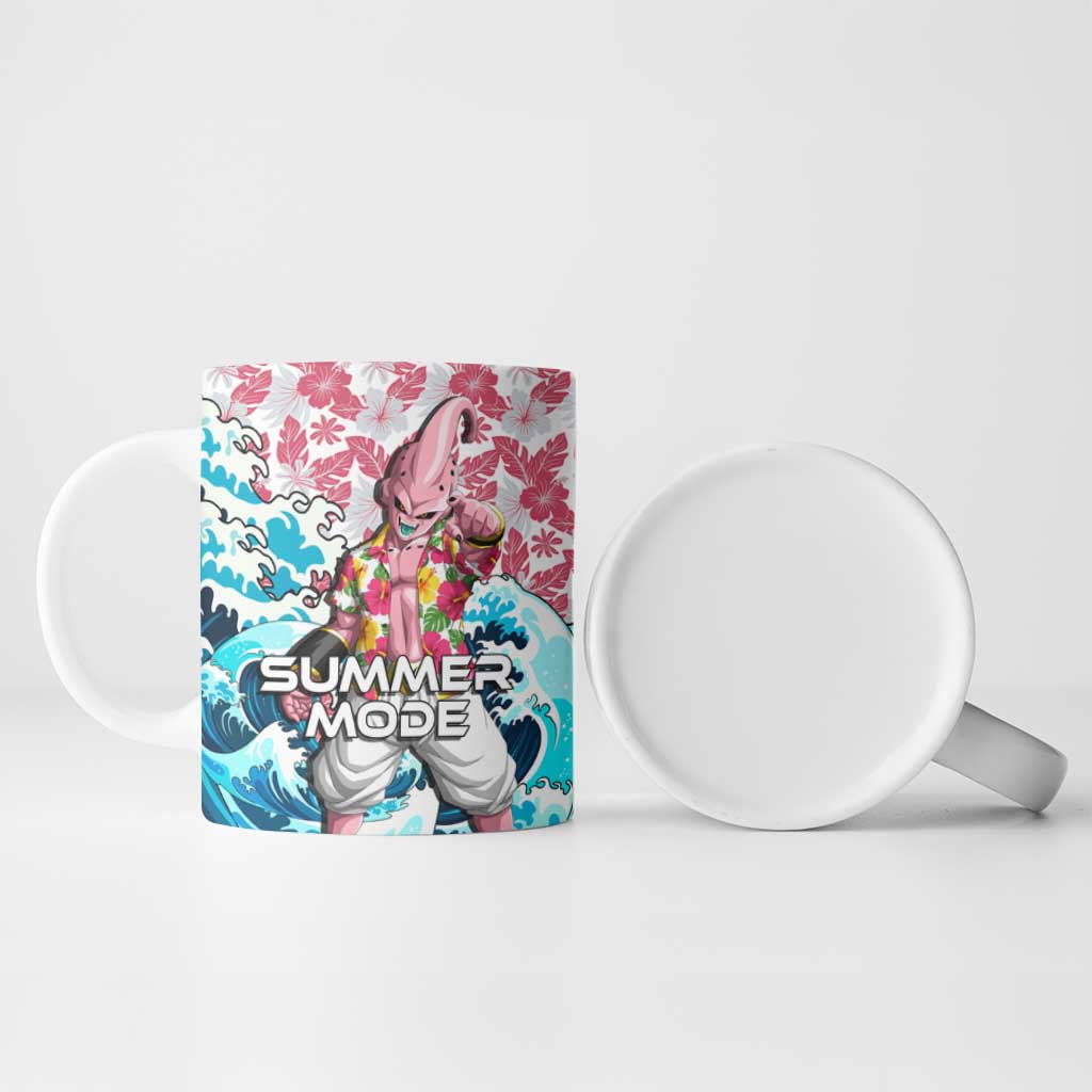 Majin Buu Dragon Ball Summer Theme Ceramic Mug with Floral Shirt Sunglasses Shenron and Ocean Wave Background - The Mazicc