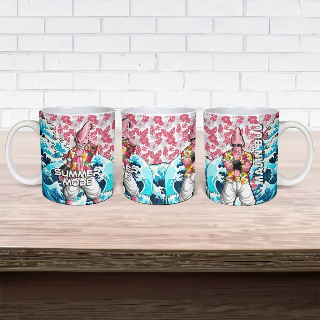 Majin Buu Dragon Ball Summer Theme Ceramic Mug with Floral Shirt Sunglasses Shenron and Ocean Wave Background - The Mazicc
